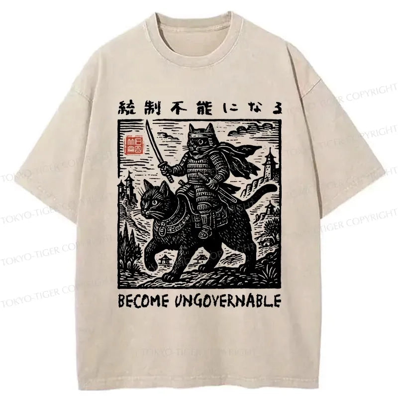 Kyoto-Lion Funny Cat Samurai Riding A Cat Washed T-Shirt