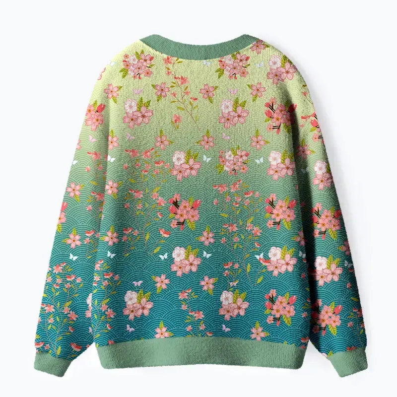 Kyoto-Lion Sakura Blossom Waves Ugly Cardigan Sweater