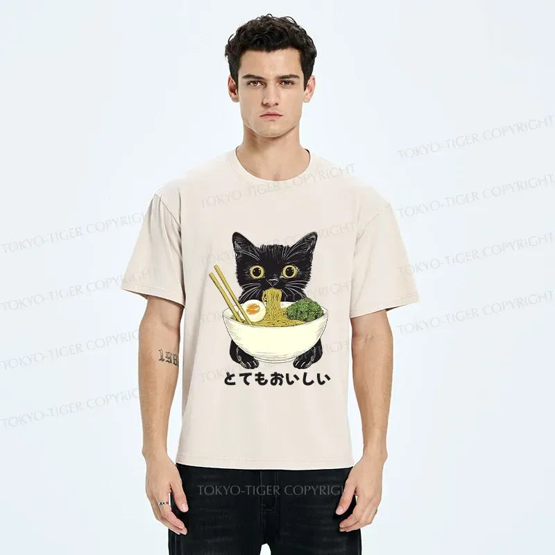 Kyoto-Lion Ramen Lover Cute Cat Washed T-Shirt