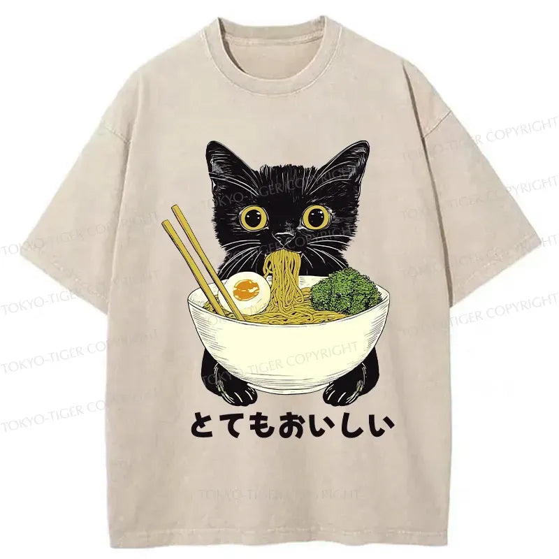 Kyoto-Lion Ramen Lover Cute Cat Washed T-Shirt