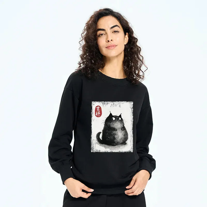 japanese ink painting black cat sweatshirt