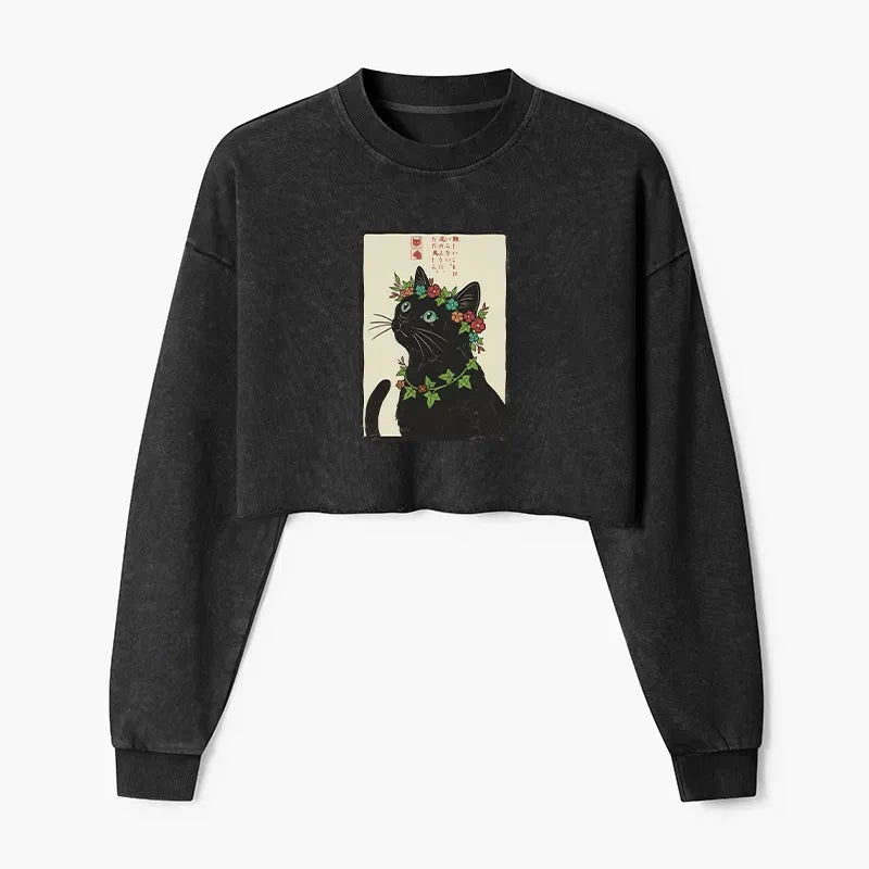 Japanese Vintage Flower Cat Crop Sweatshirt