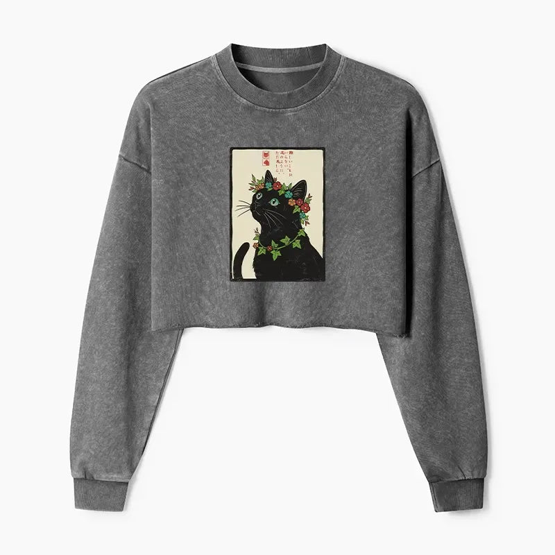 Kyoto-Lion The Flower-Crowned Cat Washed Crop Sweatshirt