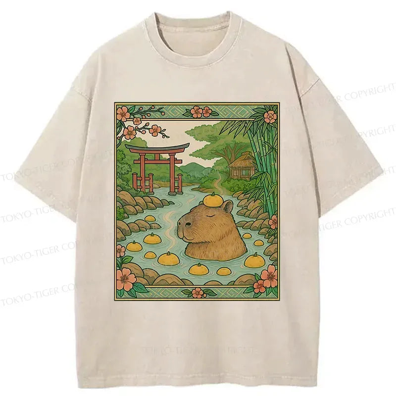 Kyoto-Lion Bathing Capybara Ukiyoe Washed T-Shirt