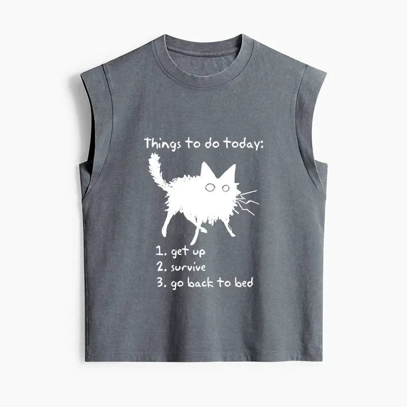 Kyoto-Lion Lazy Cat Survive Day Funny Meme Women's Washed Tank Tops