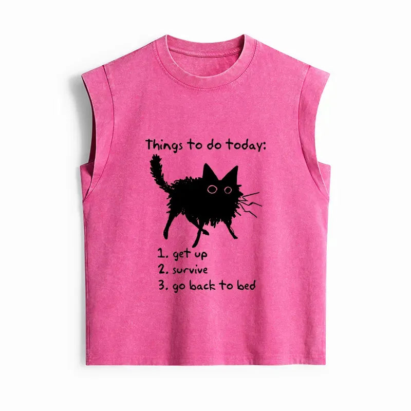 Kyoto-Lion Lazy Cat Survive Day Funny Meme Women's Washed Tank Tops