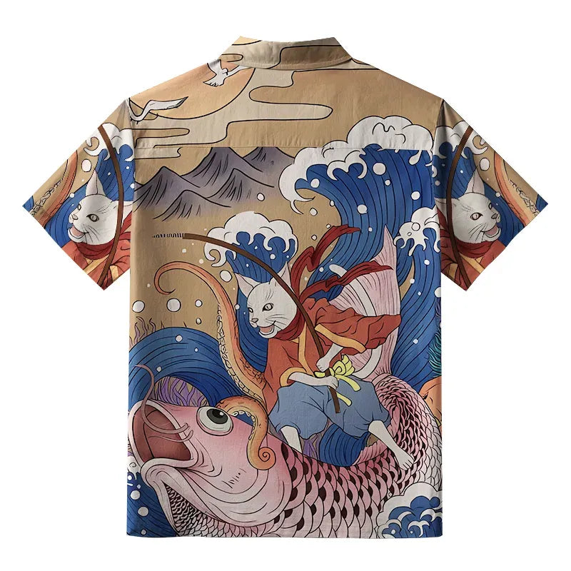 Kyoto-Lion Japanese Cat Fishing Aloha Hawaiian Shirt