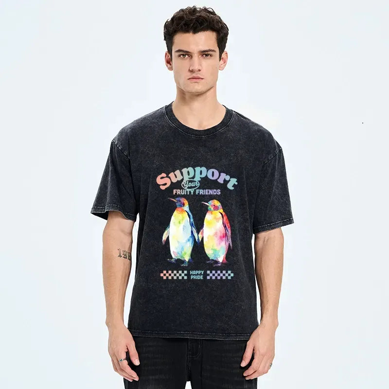 Kyoto-Lion Funny Pride Penguins Meme Print Washed T-Shirt