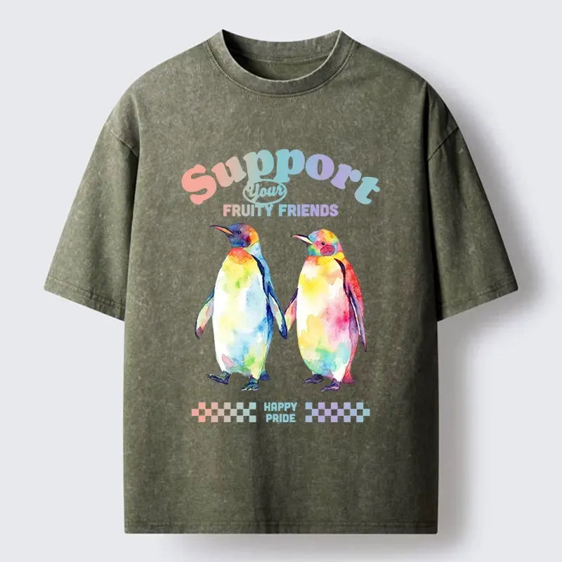 Kyoto-Lion Funny Pride Penguins Meme Print Washed T-Shirt