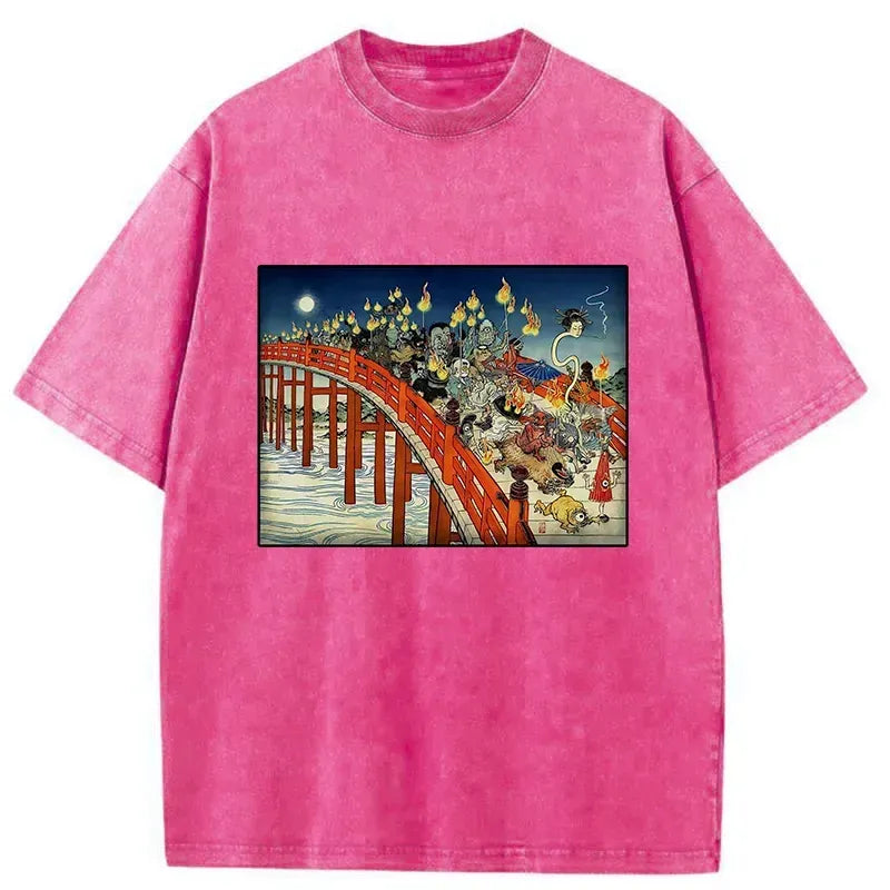 Kyoto-Lion Hyakki Yagy¨­ Ukiyo-e Washed T-Shirt