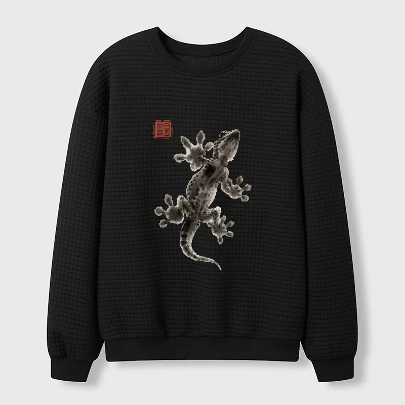 Kyoto-Lion Minimal Asian Ink Brush Gecko Vibe Waffle Sweatshirt