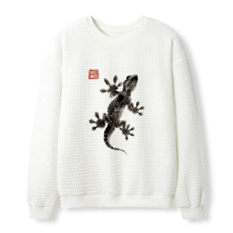Kyoto-Lion Minimal Asian Ink Brush Gecko Vibe Waffle Sweatshirt