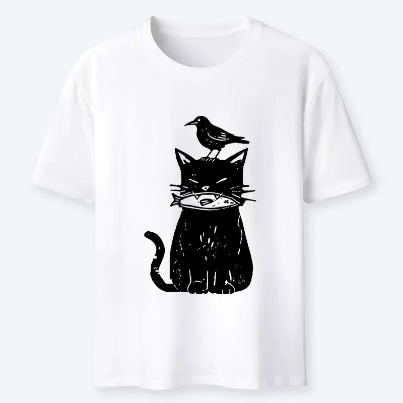 Japanese Vintage Black Cat Fish Bird T-Shirt
