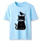 Japanese Vintage Black Cat Fish Bird T-Shirt