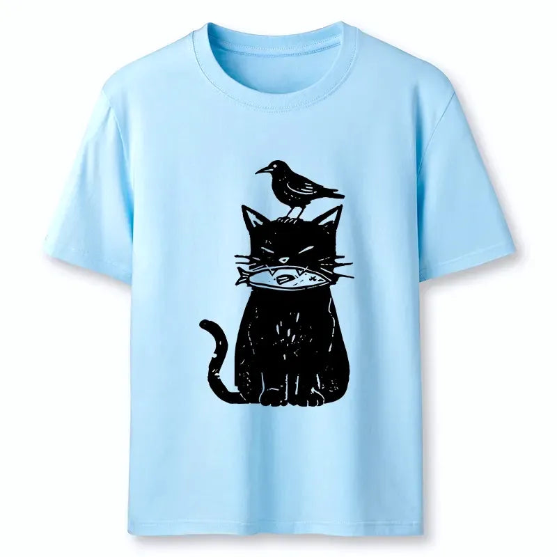 Japanese Vintage Black Cat Fish Bird T-Shirt