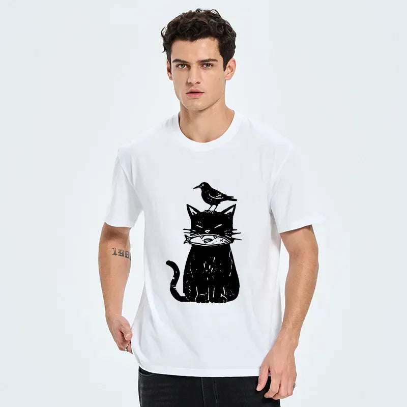 Japanese Vintage Black Cat Fish Bird T-Shirt