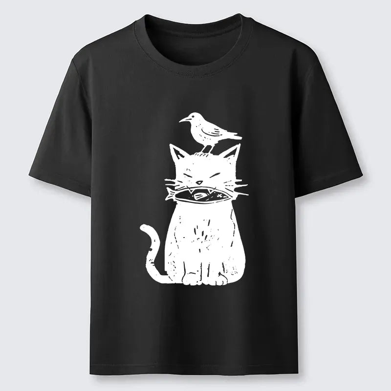 Japanese Vintage Black Cat Fish Bird T-Shirt