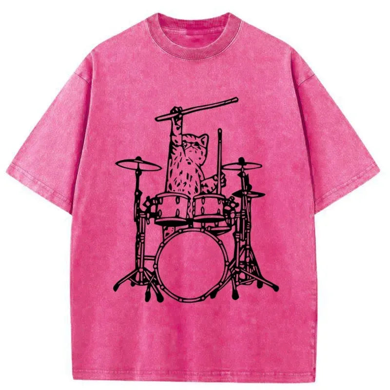 Kyoto-Lion Handsome Cat Drummer Washed T-Shirt