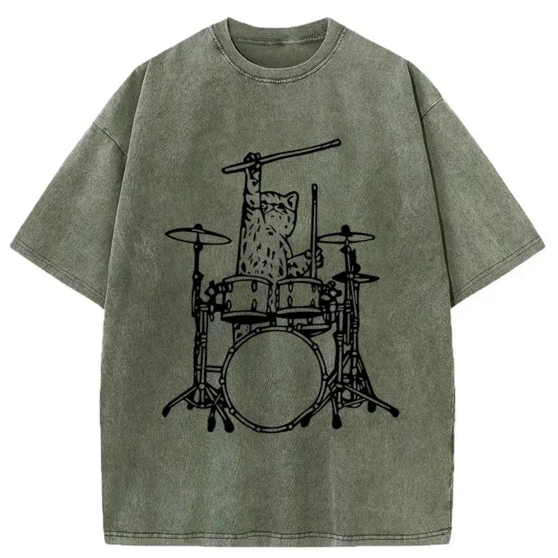 Kyoto-Lion Handsome Cat Drummer Washed T-Shirt