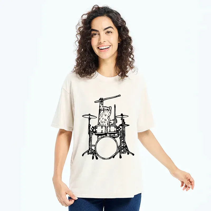 Kyoto-Lion Handsome Cat Drummer Washed T-Shirt