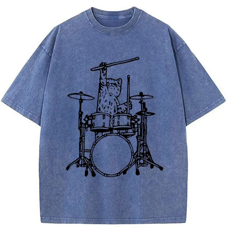 Kyoto-Lion Handsome Cat Drummer Washed T-Shirt
