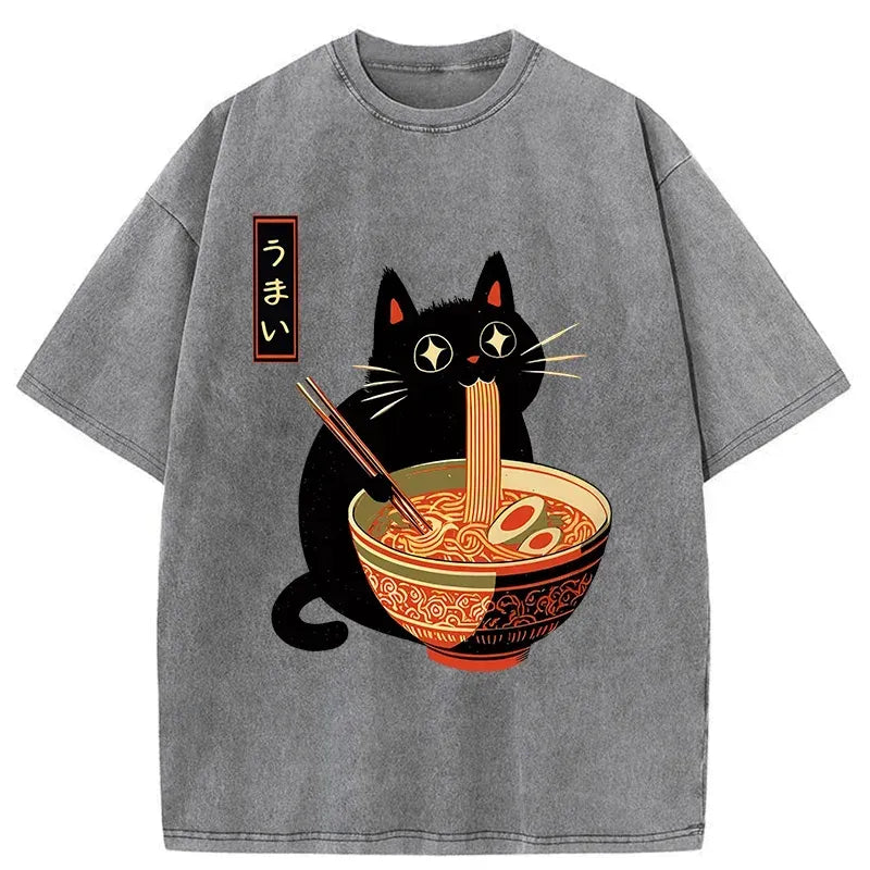 Kyoto-Lion Cat Eats Super Delicious Ramen Washed T-Shirt