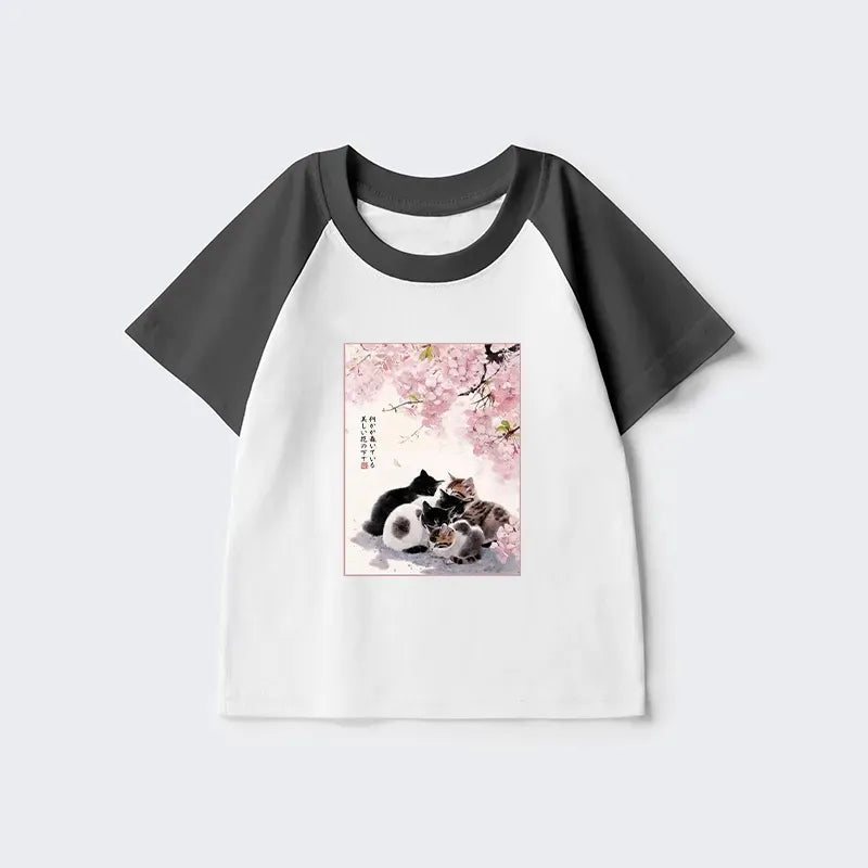 Kyoto-Lion Cute Cats Sakura Garden Kids Raglan T-shirt