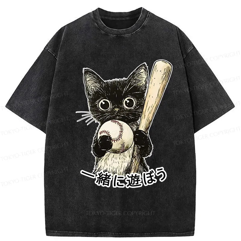Cute Cat Playing Baseball Washed Tee