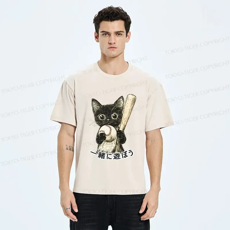 Kyoto-Lion Cute Cat Playing Baseball Washed T-Shirt
