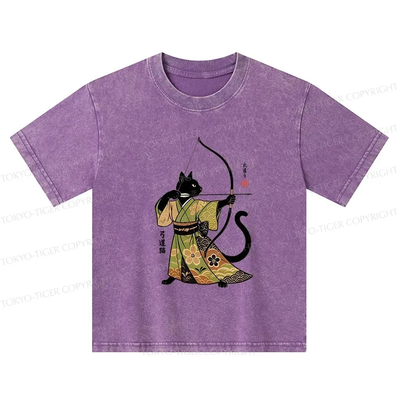 Kyoto-Lion Japan Cat Archery Kids Washed T-Shirt