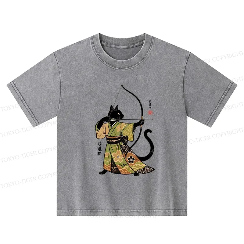 Kyoto-Lion Japan Cat Archery Kids Washed T-Shirt
