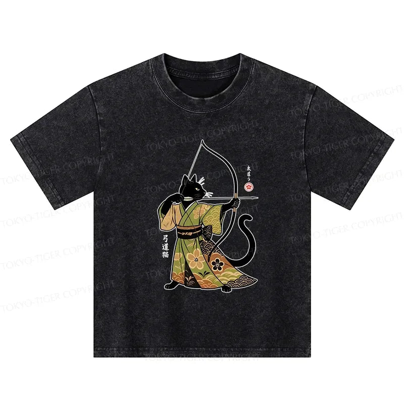 Kyoto-Lion Japan Cat Archery Kids Washed T-Shirt