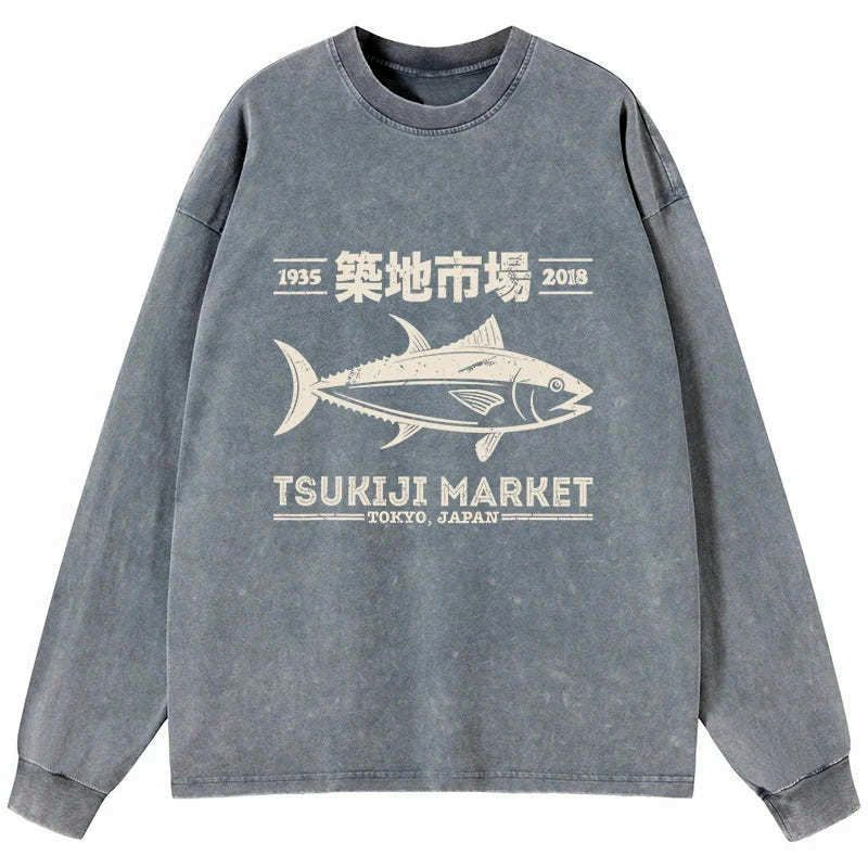 Kyoto-Lion Retro Tsukiji Fish Market Streetwear Tokyo Washed Long Sleeve T-Shirt