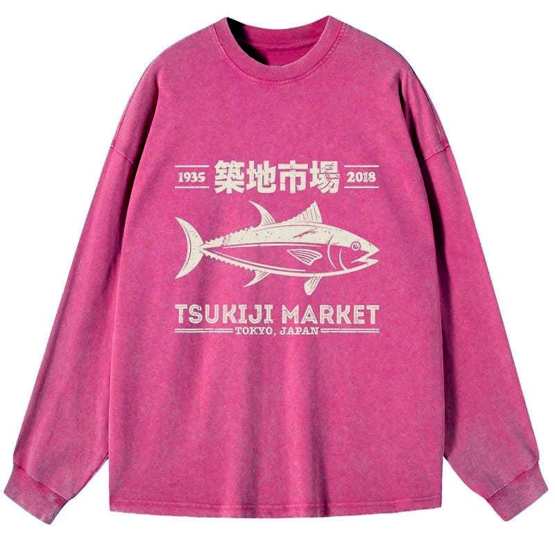 Kyoto-Lion Retro Tsukiji Fish Market Streetwear Tokyo Washed Long Sleeve T-Shirt
