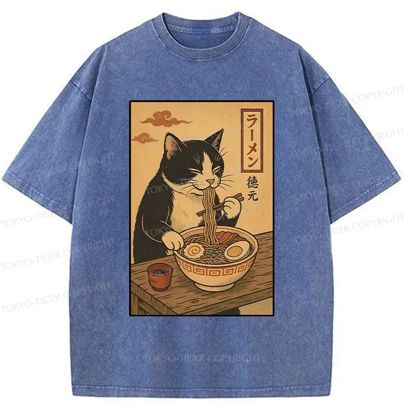 Washed Japanese Cat T-Shirt Daily Wear