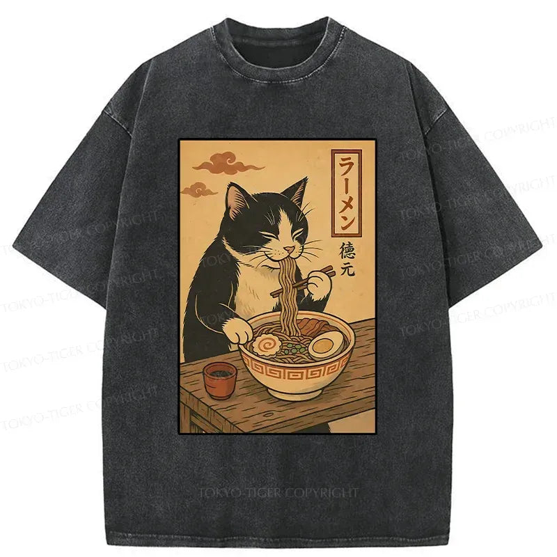 Kyoto-Lion Tuxedo Cat Eats Ramen Washed T-Shirt