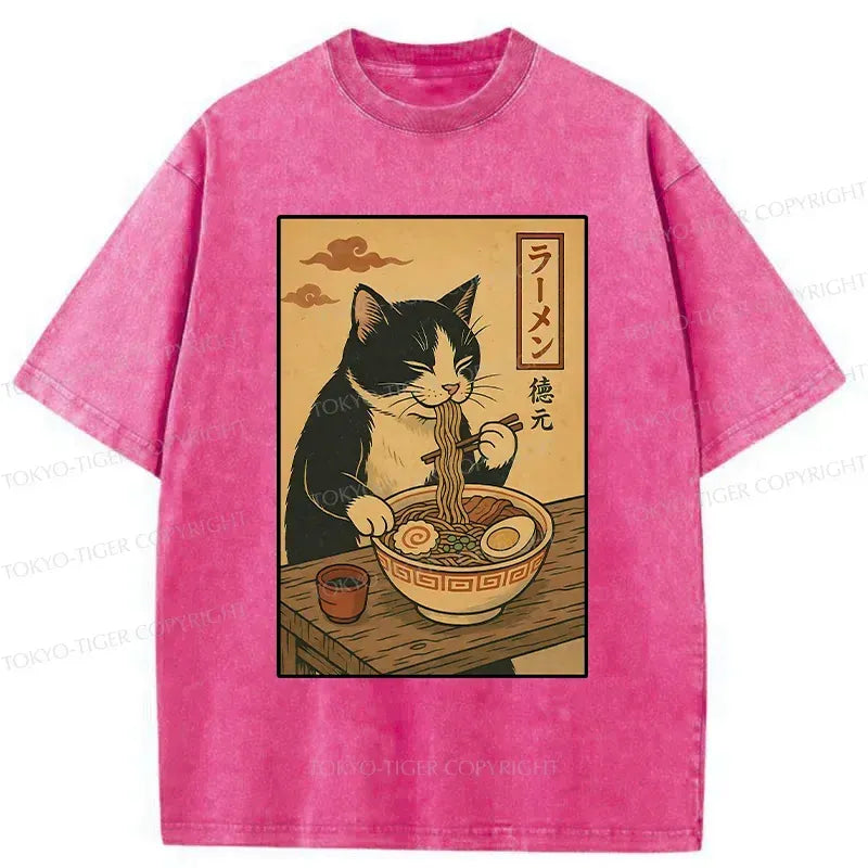 Washed Japanese Cat T-Shirt Daily Wear