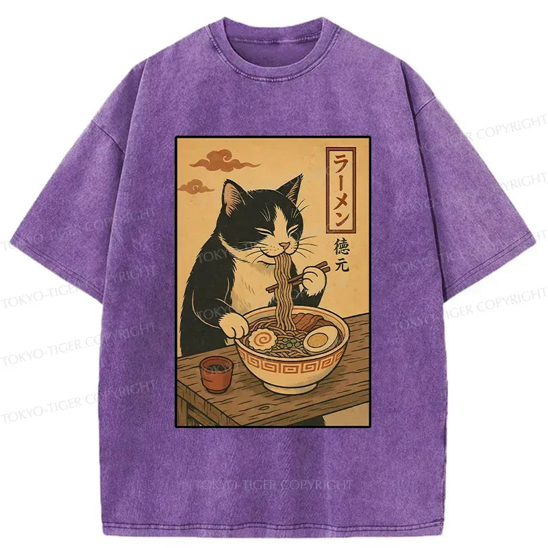 Kyoto-Lion Tuxedo Cat Eats Ramen Washed T-Shirt