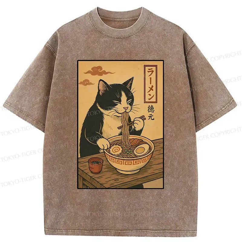 Kyoto-Lion Tuxedo Cat Eats Ramen Washed T-Shirt