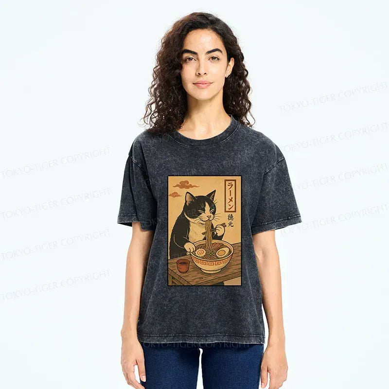 Kyoto-Lion Tuxedo Cat Eats Ramen Washed T-Shirt