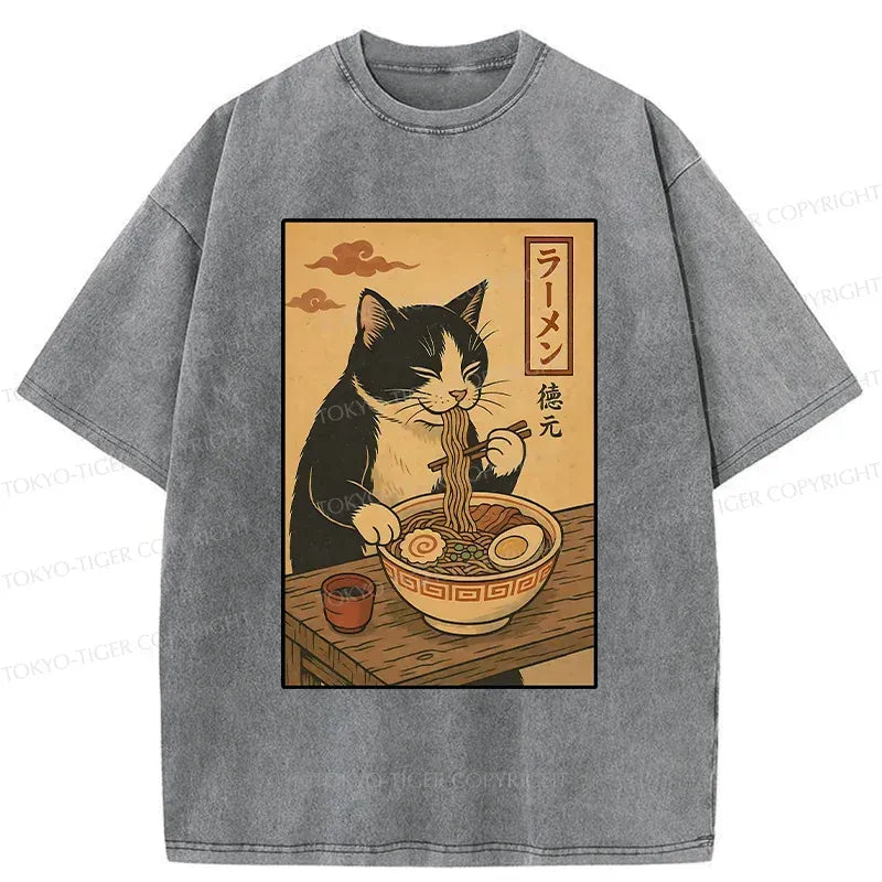 Washed Japanese Cat T-Shirt Daily Wear