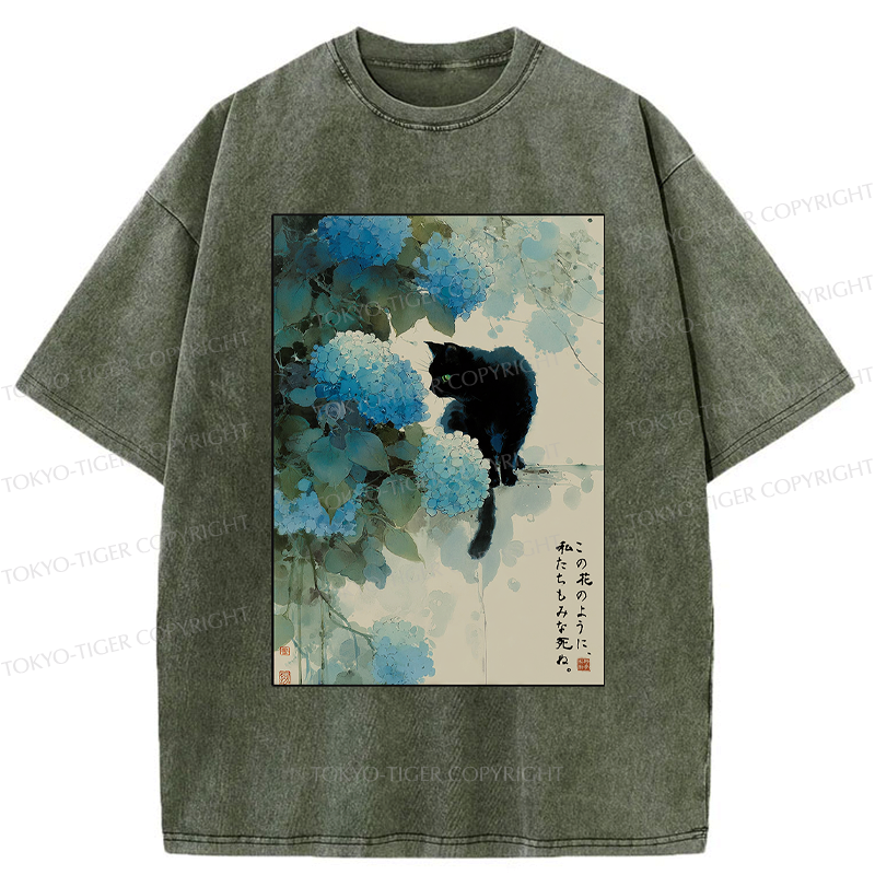 Kyoto-Lion Like This Flower, We All Die-Hydrangea&Cat Washed T-Shirt