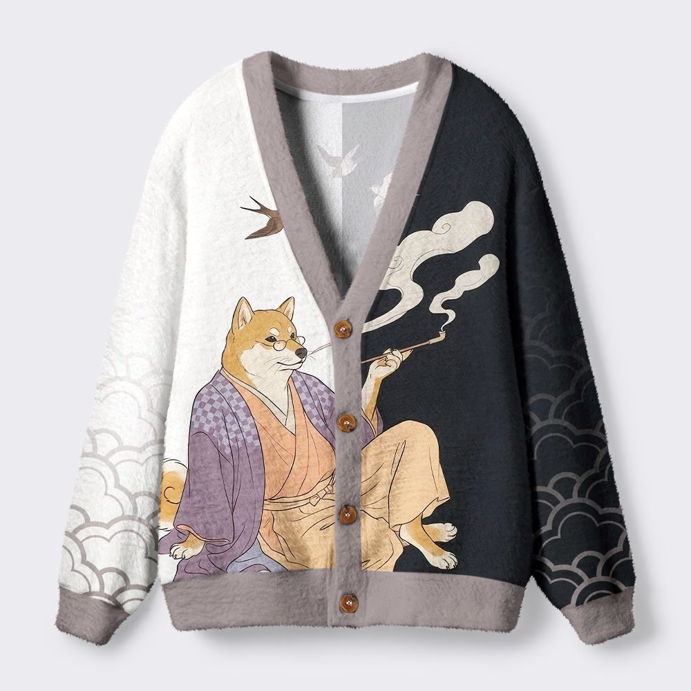 Kyoto-Lion Ukiyo-e Dog Ugly Cardigan Sweater