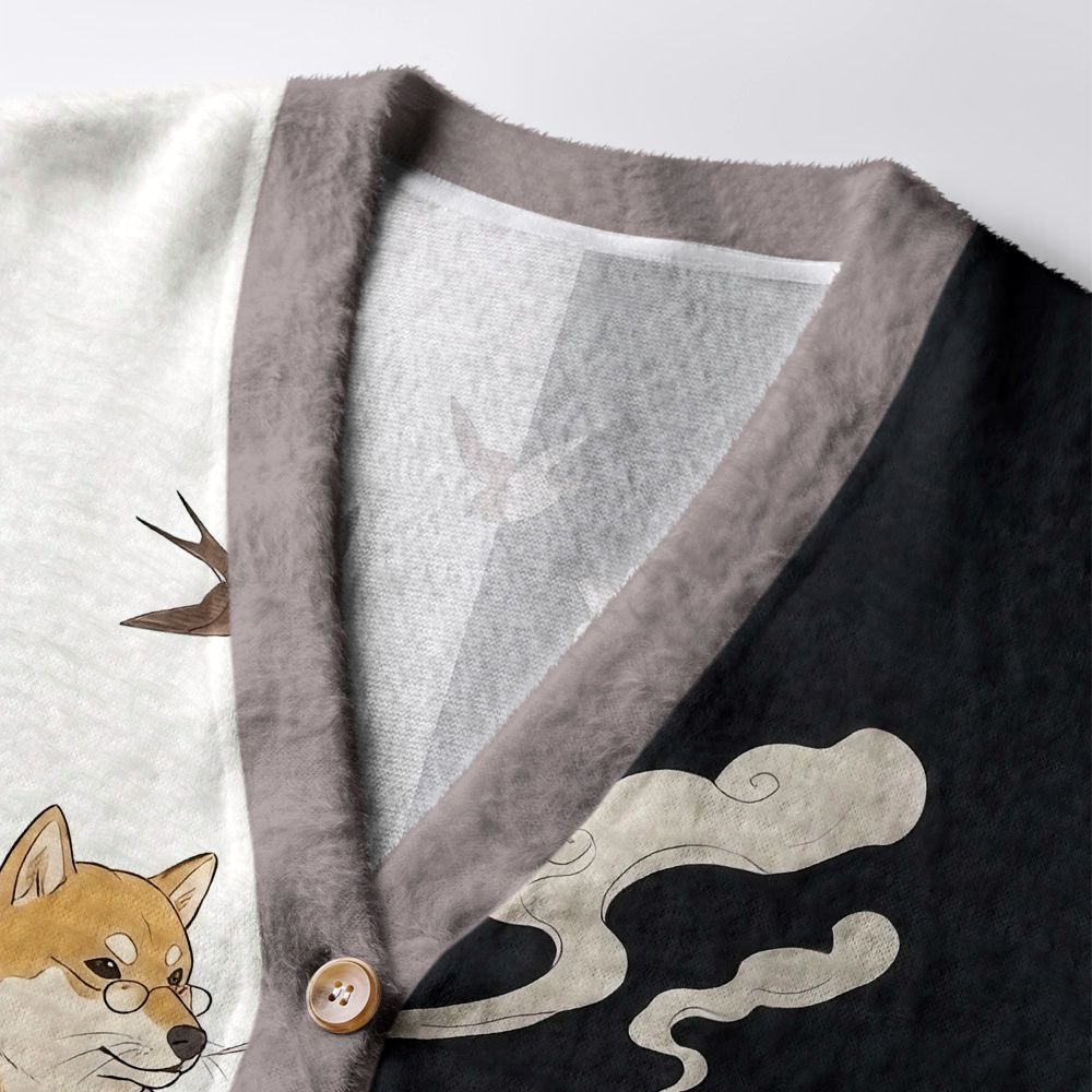 Kyoto-Lion Ukiyo-e Dog Ugly Cardigan Sweater