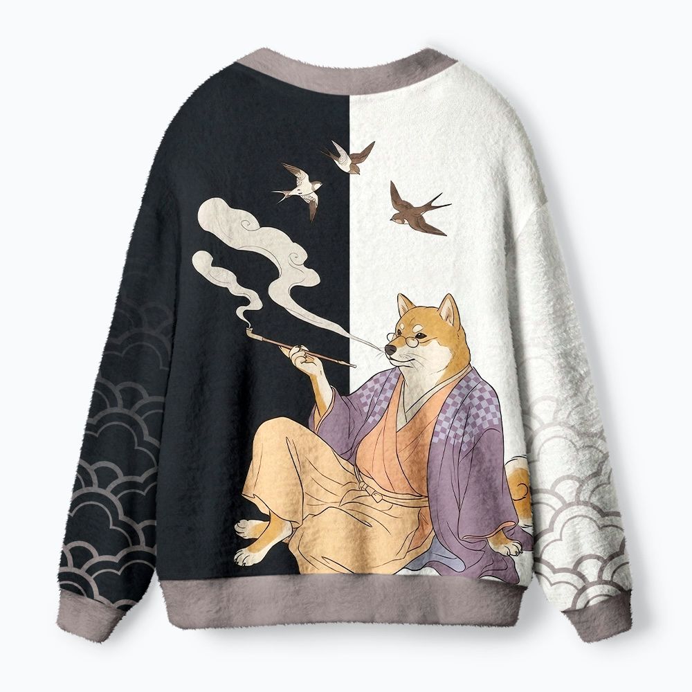 Kyoto-Lion Ukiyo-e Dog Ugly Cardigan Sweater