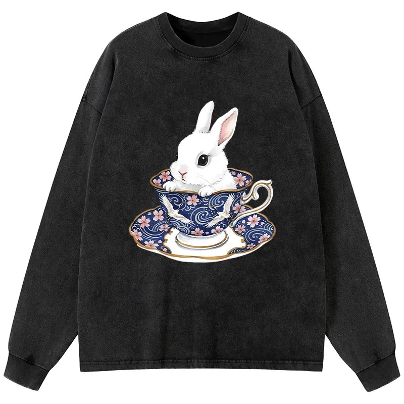 Japanese Cute Rabbit Washed Long Sleeve T-Shirt