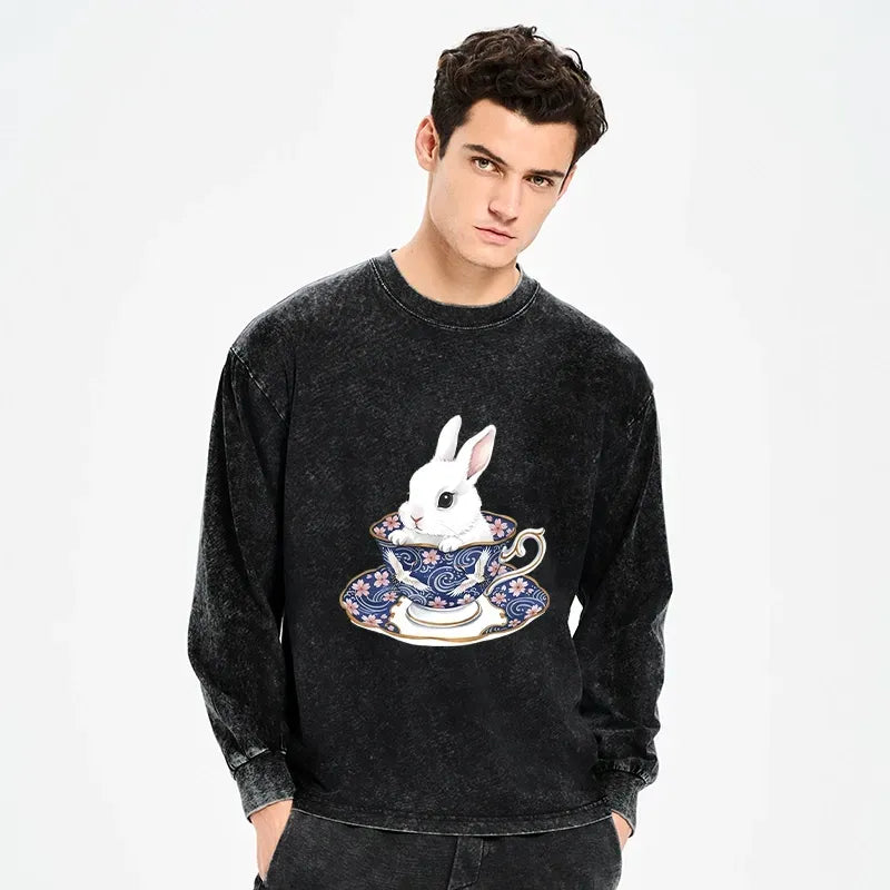 Japanese Cute Rabbit Washed Long Sleeve T-Shirt