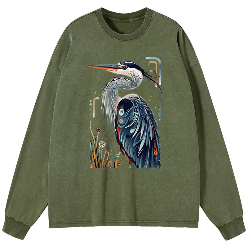 Kyoto-Lion Stylish Blue Heron Washed Long Sleeve T-Shirt