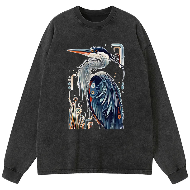 Kyoto-Lion Stylish Blue Heron Washed Long Sleeve T-Shirt