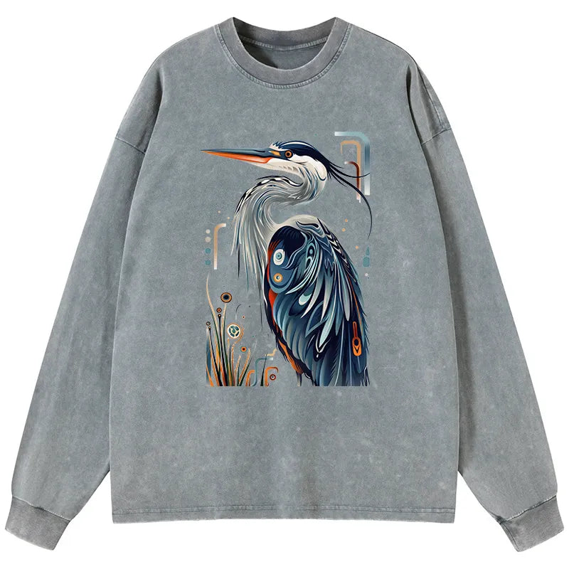 Kyoto-Lion Stylish Blue Heron Washed Long Sleeve T-Shirt